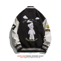 Little Bear Baseball Coats Men Spring and Autumn 2021 New Autumn Joker American Casual Leather Sleeve Splice Jacket