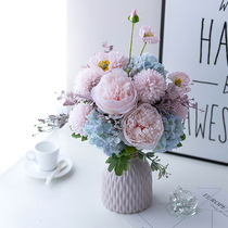 Pink and tender art national color Tianxiang simulation silk flower bouquet living room decoration table color ceramic vase home decoration