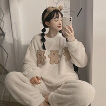 Autumn and winter cute plush pullover long sleeve pajamas female winter New Winter thickened velvet can wear home clothing tide