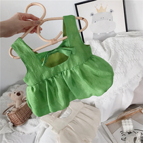 Female baby foreign style Korean version of the thin sleeveless top 2021 summer girls bow halter flower bud camisole shirt tide