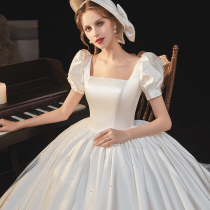 Purple fairy French satin surface main wedding dress 2021 new trailing bubble short-sleeved temperament bride simple Qi spring
