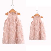 2020 Xia Ocean Gas Network Red Streaming Su Feather Hanging neck Shoulder Doll style Mother and daughter Daughter Clothing Loose Dress dress