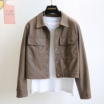Korean Brown Leather Cover Woman Short Spring Clothing New Han Edition Paddle Leader Sense Jacket