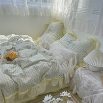 Pear dream ins fresh green grid cotton wash cotton four-piece cotton sheet quilt cover bed hats student dormitory bedding