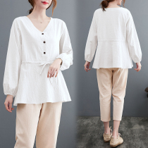Pregnant Woman Spring Clothing Little Fresher Pregnant Blouse Big Code Short And Small Outside Wearing Cotton Linen Bottom Shirt 150 Summer Lining Clothes