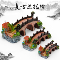 Resin manufacturer fish tank landscape small bridge decoration rockery aquarium simulation three-hole bridge with pavilion resin Bridge rockery