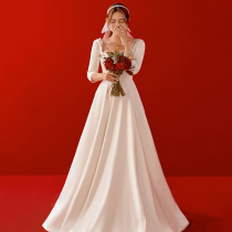 French light wedding dress 2021 new bride small welcome dress long sleeve satin go out yarn cover arm