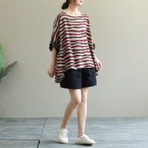 Wood dye produced loose large size striped cotton and linen T-shirt suit Womens summer elastic waist thin wide leg shorts two-piece set