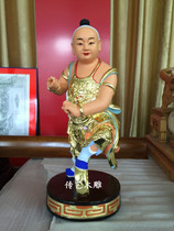  Wood carving statue Prince Nezha single wheel belly round three prince 40 cm Camphor wood carving Taiwan craft and art wood carving