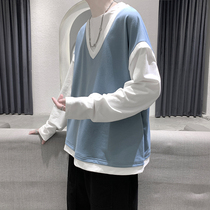 Hooded sweater mens spring and Autumn tide ins Port wind loose crew neck top clothing pullover fat large size fake two coats