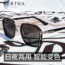 Day and night Dual-use discoloration sunglasses Mens anti-UV glare polarized myopia sunglasses female driving special tide