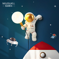 Childrens room wall lamp boys and girls free of wiring wall lamp creative cartoon astronaut moon Nordic bedroom bedside lamp