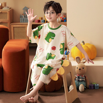 Boys nightdress summer cotton thin short-sleeved childrens pajamas in the big boy cartoon anti-kick homewear