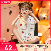 Girls  pajamas Childrens summer cotton gauze thin short-sleeved suit Little girl princess summer big childrens home clothes