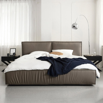 Italian light luxury leather bed master bedroom double bed Nordic modern first layer cowhide tofu block 1 8 m wedding bed