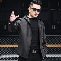 Haining leather leather clothing men sheepskin hooded thin motorcycle leather jacket short spring Korean version of the sheepskin coat tide