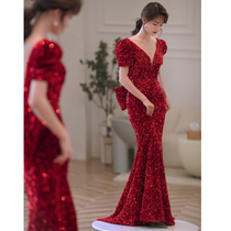 Toast Bride 2021 summer new red high-end atmosphere sequins fishtail wedding party dress
