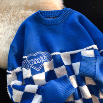 Autumn and winter Klein blue fried street sweater women lazy wind loose design sense niche love checkerboard sweater