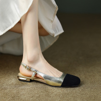 Xiaoxiangfeng color matching low-heeled Baotou sandals womens 2023 summer new leather Roman back empty flat single shoes large size