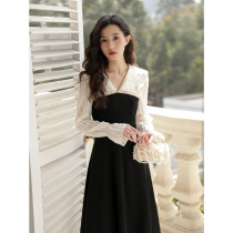 Splicing long skirt 2022 new Hepburn style temperament sense of luxury French long sleeves early fall dress woman