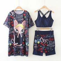 Plus Size Summer 200 Jin Quick Dry Loose Slim Swimsuit Split Conservative Swimsuit Short Sleeve Dress 3 Piece Set