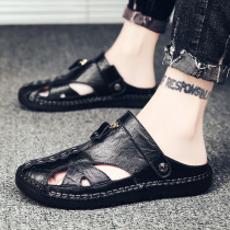 Tide Cards Genuine Leather Sandals Men 2022 Summer New Bull Leather Baotou Dual-Use Rome Driving Trend Mens Beach Shoe