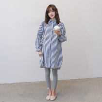 2021 spring new maternity dress Korean version of wide loose belly does not show striped thin lapel collar long sleeve shirt tide tide