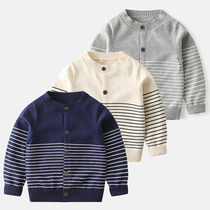 Striped Round Collar Children Knit Cardiovert Korean Version Baby Wool Wire Jacket Slim Fit Spring Autumn New Boy Clothing Boy Han Version