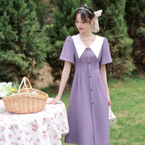 Lanyu large size womens clothing slightly fat mm wearing a word tea break skirt looks thin 2022 new gentle wind purple dress