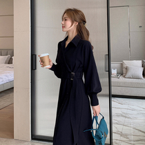 Blue Plus Size Women Fat Sister mm Goddess Fan Xianthin Black Long Dress 2021 Autumn New Daughters