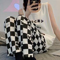 Vest Pyjamas Girls Summer Long Pants Plaid pure cotton extras Sleeping Pants Short Sleeves Shorts Home Suit Long Pants