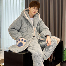 Young mens pajamas autumn and winter three-layer cotton plus velvet thickened coral velvet hooded home clothing flannel winter