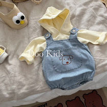 ins spring style Korean version baby even cap sweatshirt puppy embroidered denim with pants bag fart kha-clad two-piece suit