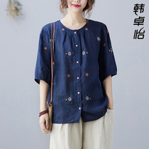 Young mother linen cardigan middle aged mother cotton linen cardigan old mother cotton short sleeve coat women Summer Half sleeve shirt loose