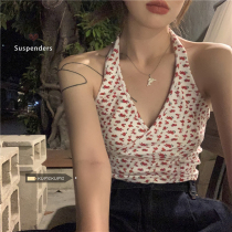 Pure wind floral flowers hanging neck small suspenders womens summer sexy V neck wear short hot girl vest top ins tide