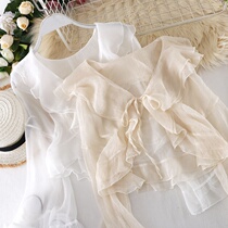 2021 super fairy flared sleeve ruffle lace-up short sunscreen shirt top summer with skirt outside with small shawl