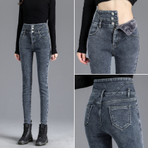 Ultra high waist plus velvet jeans women 2021 new winter high waist thin elastic small feet slim fit stomach thick tide