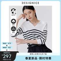 Disseyness 2022 spring new fashion temperament Polo collar retro black and white striped sweatshirt woman