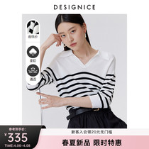 Disseyness 2022 spring new fashion temperament Polo collar retro black and white striped sweatshirt woman