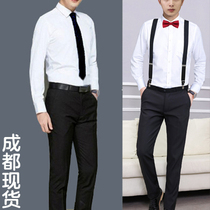 Mens long-sleeved white shirt plus West pants strap wedding dress best man suit slim shirt graduation photo professional wear