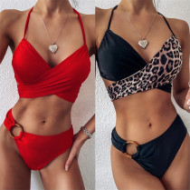 2020 new leopard print sexy swimsuit womens European and American wrap bikini explosive solid color beach split swimsuit hot sale
