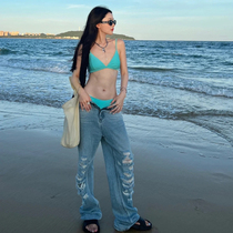 Swimsuit Women Sensation Bikini European and Europe Gathered Three Point Lean Split Triangle Ins Holiday Spa Swimsuit