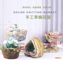 Creative pastoral straw rattan flower basket heart-shaped dried flower arrangement hemp rope green dill basin furnishings home decoration storage blue