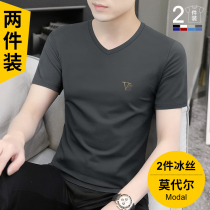 2 pieces) Modale mens ice silk short sleeve T-shirt Summer 2022 new V collar pure cotton ice sensation Compassionate Undershirt