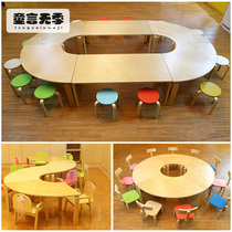Kindergarten solid wood childrens table and chair combination splicing large desk training counseling class preschool education drawing dual-purpose learning table
