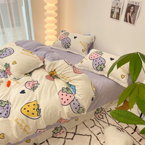 ins strawberry milk velvet printing four-piece student baby velvet soft bedding girl short velvet quilt cover bed hats winter