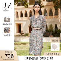 JZ Jiuzi art embossed print chiffon dress womens 2022 autumn new gold wire cut flower waist skirt