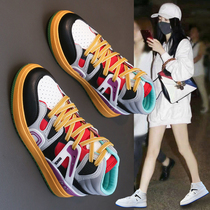 High-top shoes womens 2021 autumn new flat-bottomed contrast board shoes all-match casual sports dad shoes burst white shoes