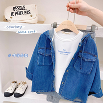Childrens denim cotton Korean version with hat shirt 2022 spring new male and female child casual 100 lap jacket baby boy clothing