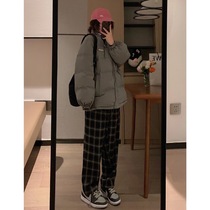 VEEE 2021 autumn and winter New velvet thickened slim waist elastic straight tube Plaid casual straight pants women